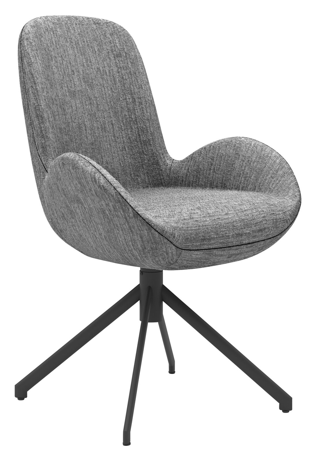 Moderner Armlehnstuhl mit braunem Stoffbezug und schwarzem Metallgestell, seitliche Perspektive