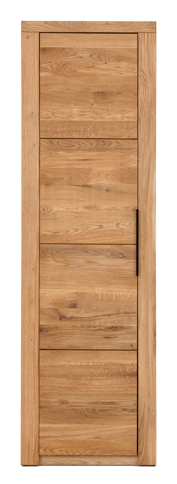 Frontansicht eines Garderobenschranks aus Holz mit natürlicher Maserung und einem schwarzen Griff.