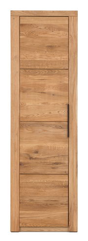 Frontansicht eines Garderobenschranks aus Holz mit natürlicher Maserung und einem schwarzen Griff.