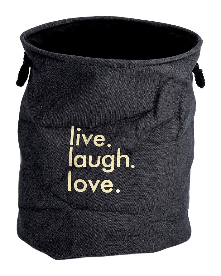 Wäschesammler aus Denim-Stoff mit der Aufschrift 'live. laugh. love.' in Frontalansicht.