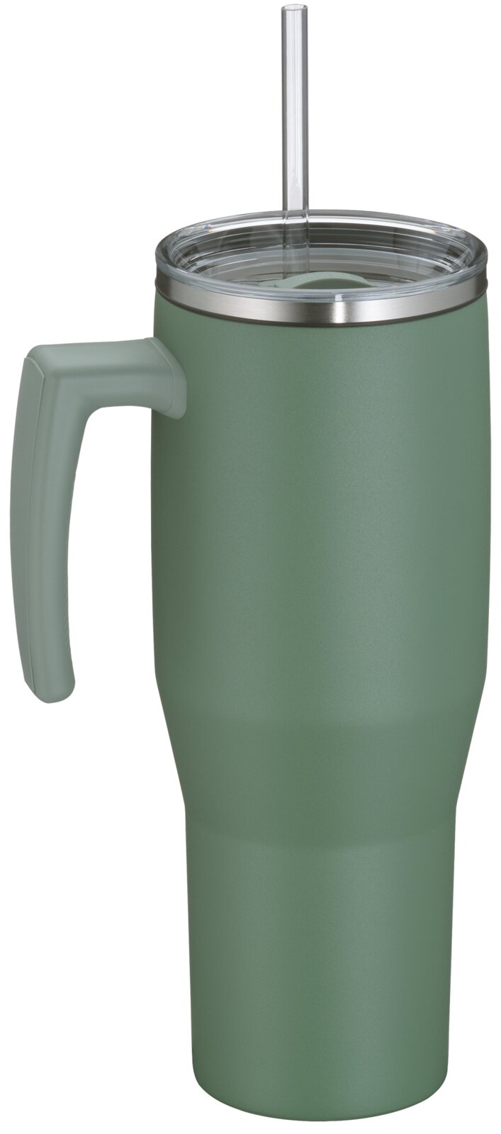 Saliegroene geïsoleerde drinkbeker met handvat, transparant deksel en herbruikbaar rietje, van voren gezien
