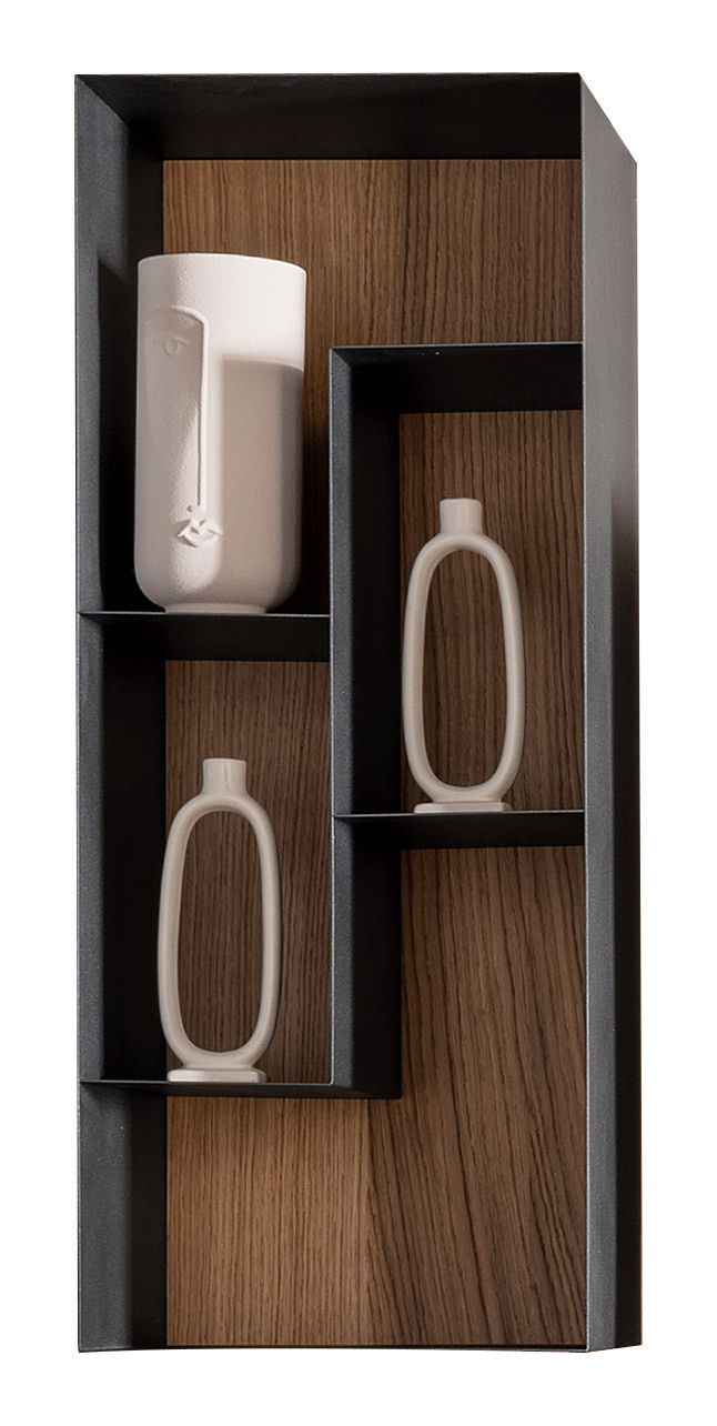 Munari Hängeregal MO&MA Hängeregal mit modernem Design, schwarzem Rahmen und Holzhintergrund, frontal betrachtet, dekoriert mit weißen Vasen.