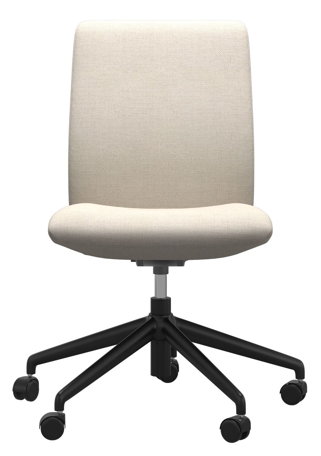 Moderner Home-Office-Stuhl in Beige mit schwarzem Drehfuß, Vorderansicht