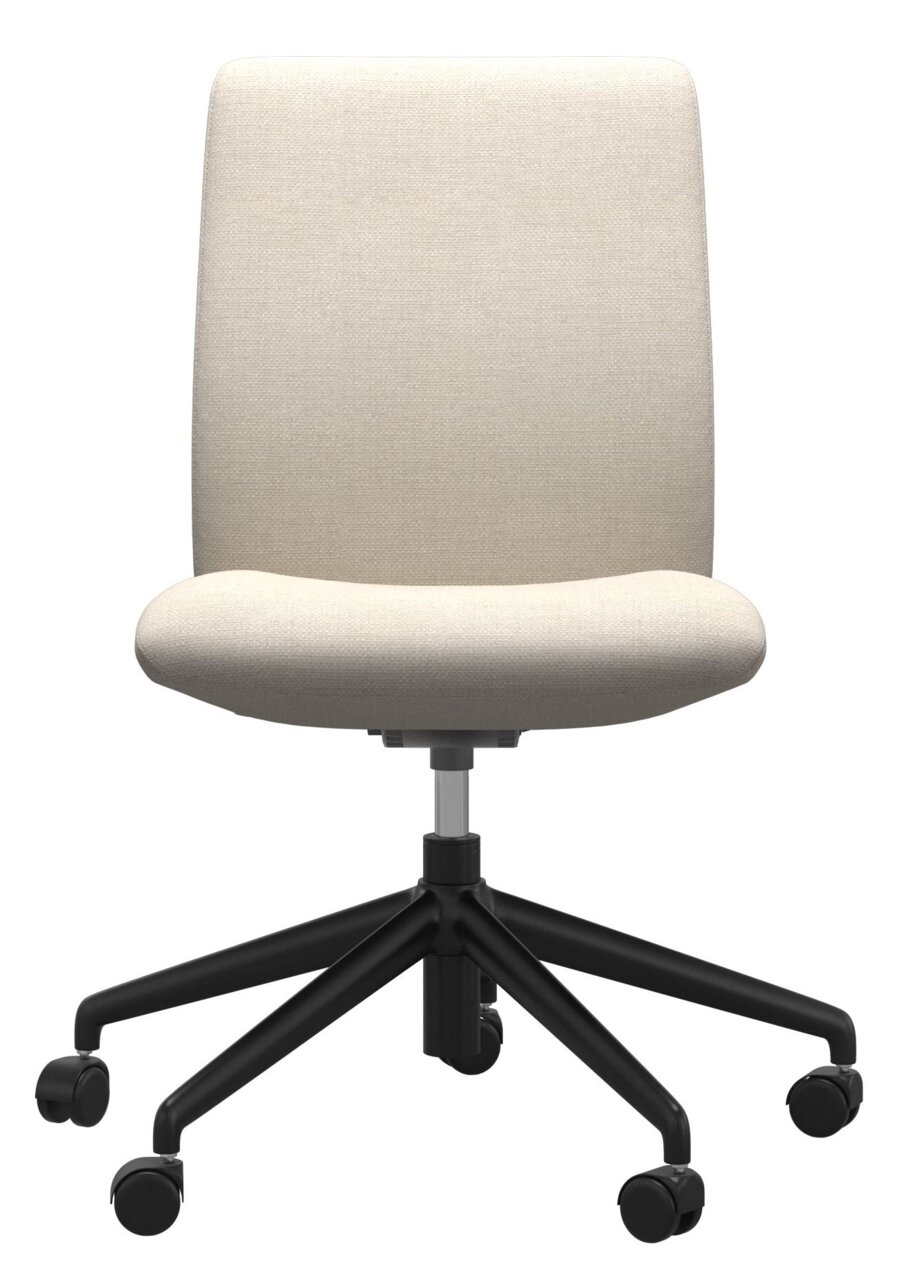 Moderne thuiskantoorstoel in beige met zwart draaipoot, vooraanzicht