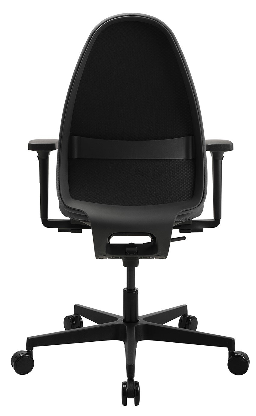 Rückansicht eines schwarzen Bürostuhls Topstar SOFT SITNESS ART G mit Armlehnen und Rollen.