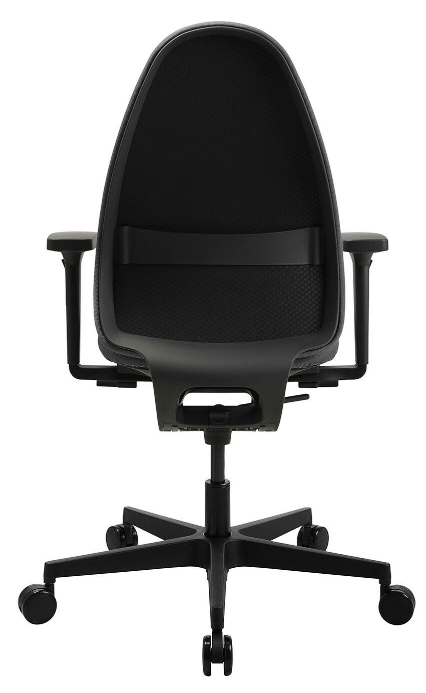 Rückansicht eines schwarzen Bürostuhls Topstar SOFT SITNESS ART G mit Armlehnen und Rollen.