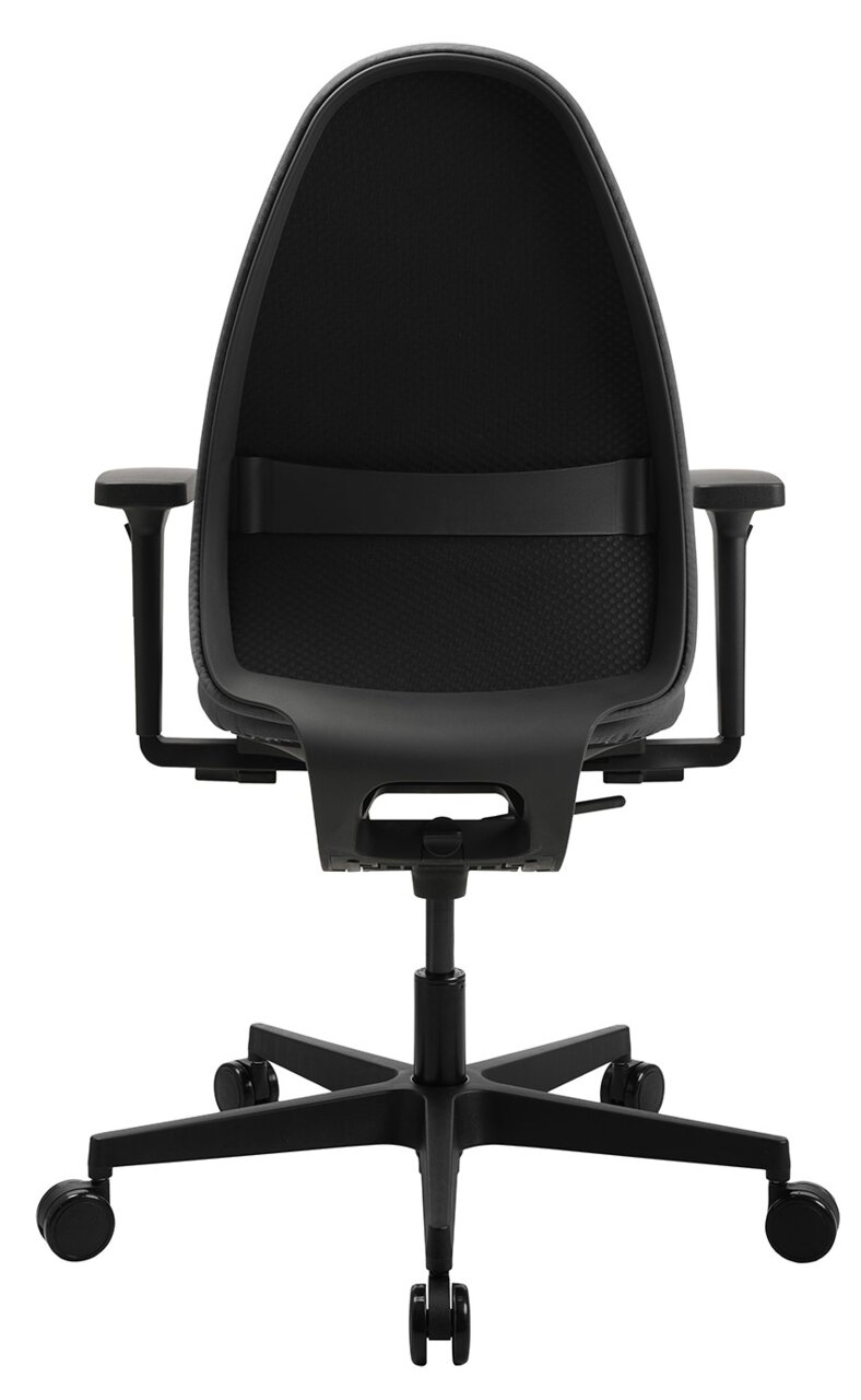 Rückansicht eines schwarzen Bürostuhls Topstar SOFT SITNESS ART G mit Armlehnen und Rollen.