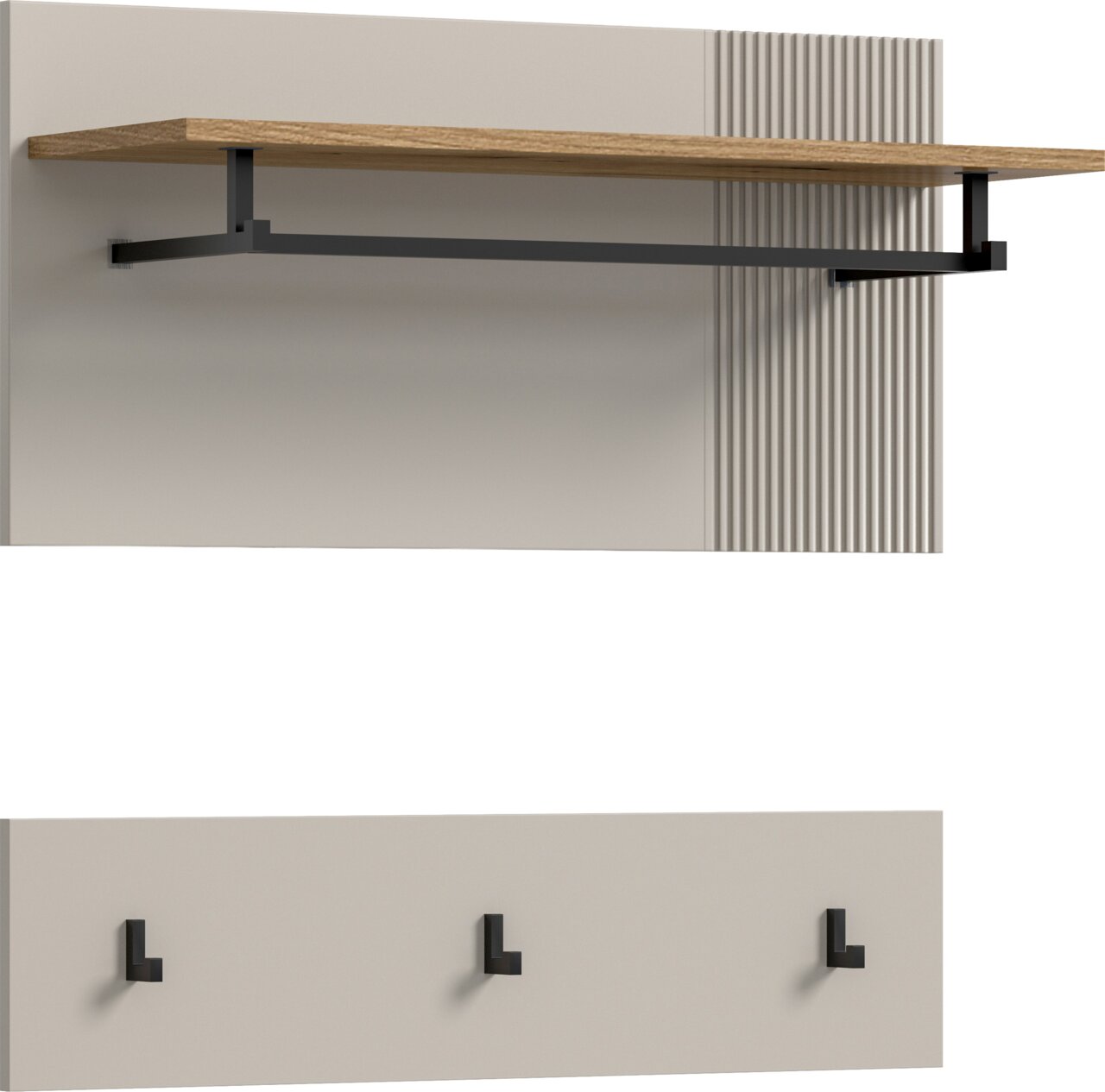 Wandpaneel mit Holzablage und Kleiderstange, darunter eine Leiste mit drei schwarzen Haken, seitliche Perspektive