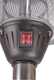 Nahaufnahme eines Infrarot-Standheizstrahlers mit zwei roten Kippschaltern, von unten betrachtet.