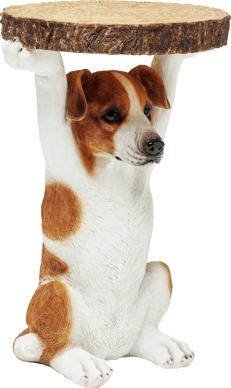 Karé Bijzettafel MR. JACK Beistelltisch in Form eines sitzenden Hundes, der eine runde Holzplatte über dem Kopf hält, seitliche Perspektive