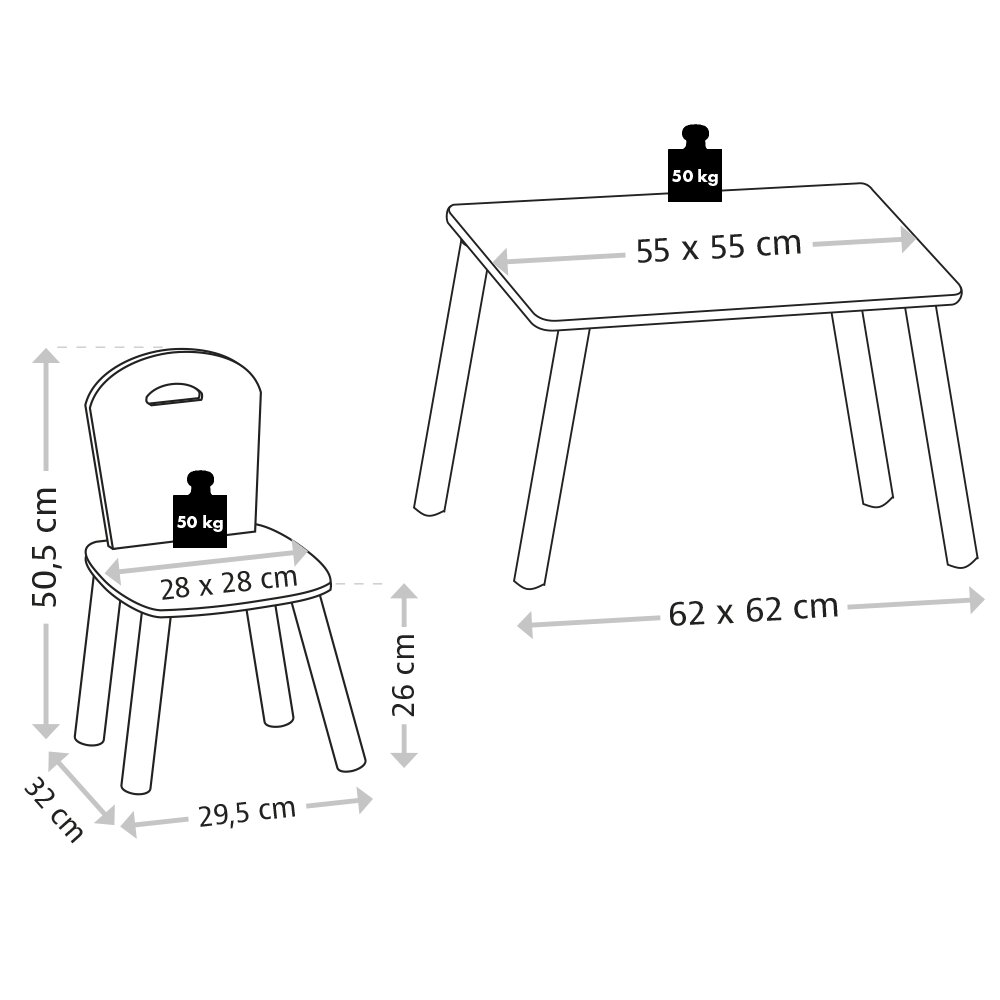 Illustration eines Kindertisches mit zwei Stühlen, Tischmaße 62 x 62 cm, Stuhlmaße 28 x 28 cm, Belastbarkeit 50 kg, seitliche Perspektive.