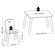 Illustration eines Kindertisches mit zwei Stühlen, Tischmaße 62 x 62 cm, Stuhlmaße 28 x 28 cm, Belastbarkeit 50 kg, seitliche Perspektive.