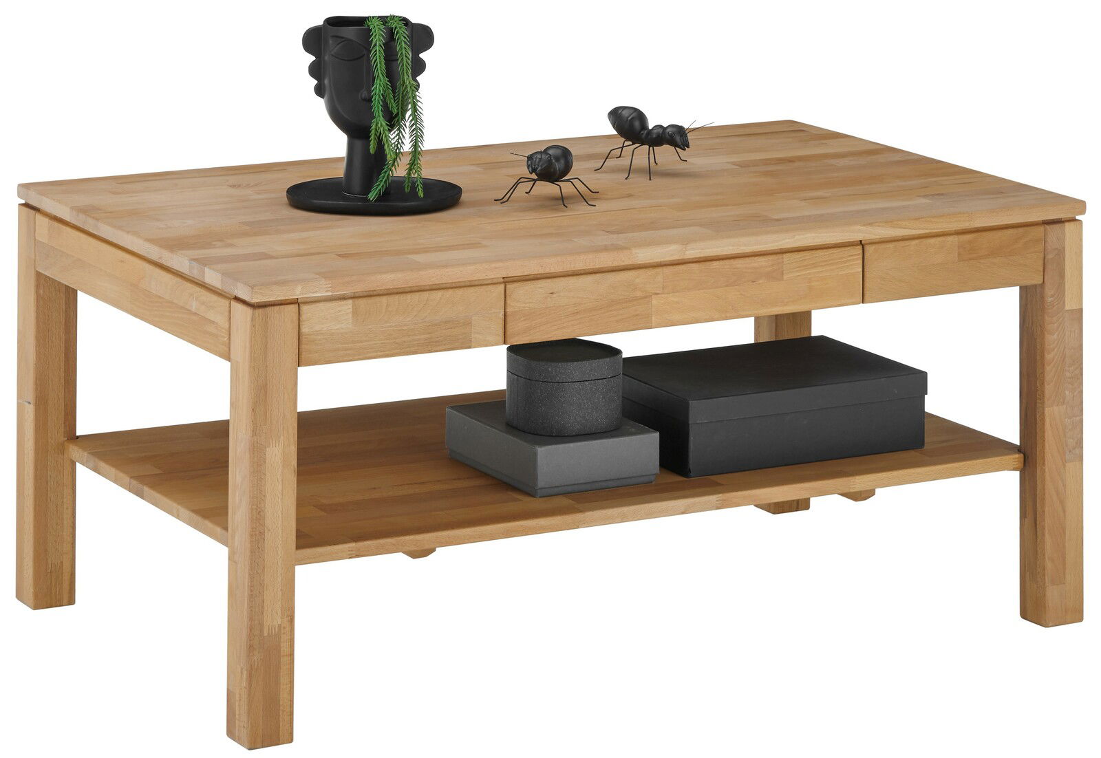 Holz-Couchtisch mit Dekorationen, seitliche Perspektive