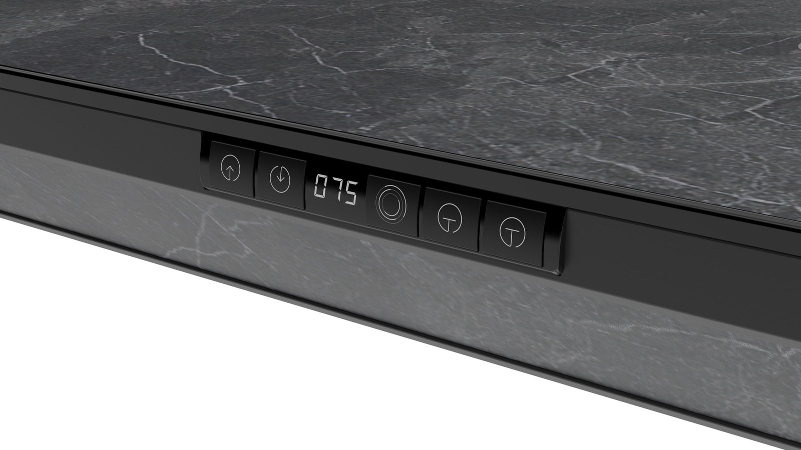 Nahaufnahme der Bedienelemente eines E-Schreibtischs mit digitaler Anzeige und Tasten auf einer dunklen, marmorierten Oberfläche.