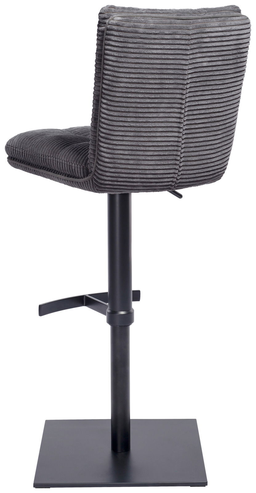Stylife Barhocker POLLY Rückansicht eines grauen Barhockers mit geripptem Stoffbezug und schwarzem Metallgestell.