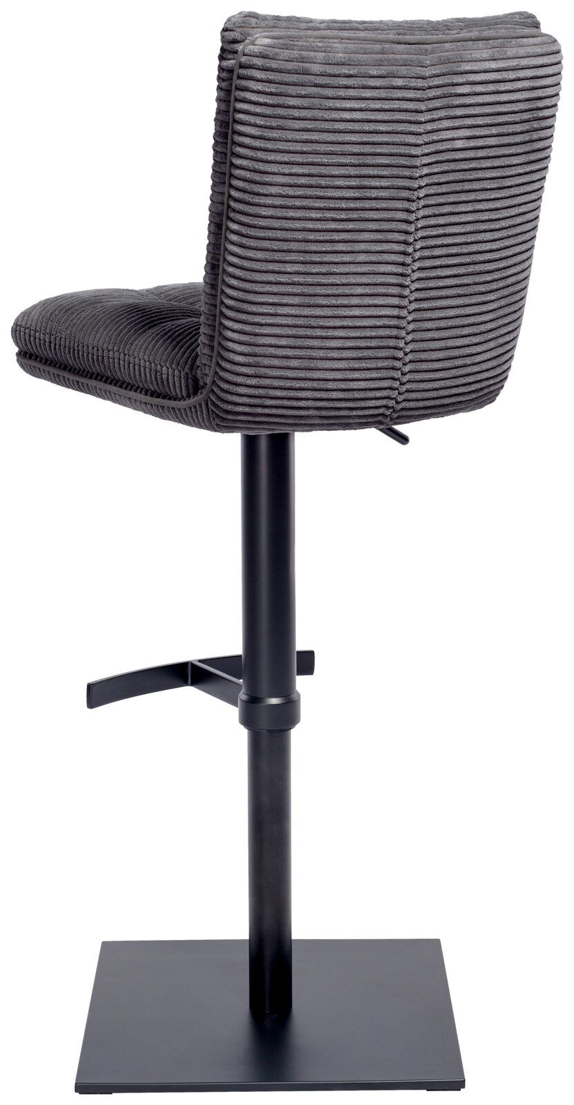 Stylife Barhocker POLLY Rückansicht eines grauen Barhockers mit geripptem Stoffbezug und schwarzem Metallgestell.