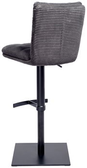 Rückansicht eines grauen Barhockers mit geripptem Stoffbezug und schwarzem Metallgestell.