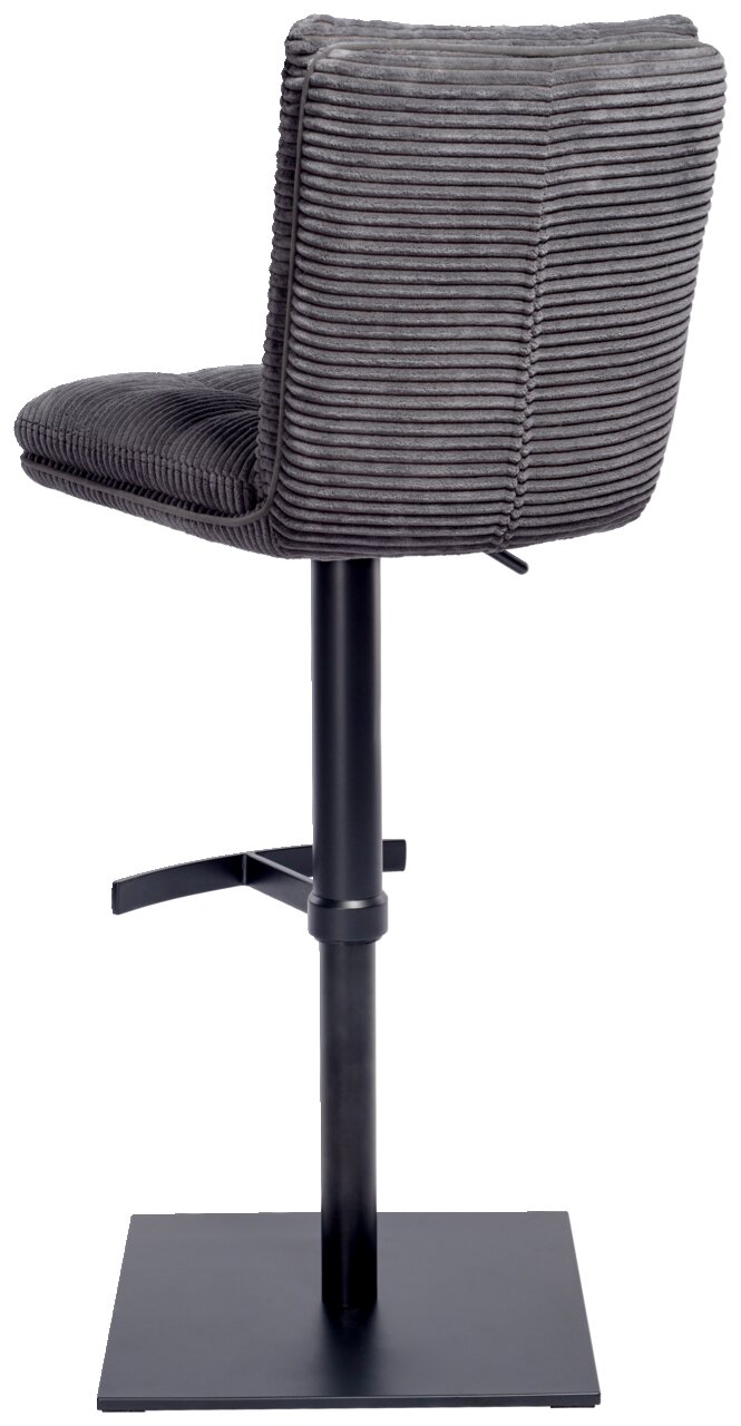 Stylife Barhocker POLLY Rückansicht eines grauen Barhockers mit geripptem Stoffbezug und schwarzem Metallgestell.