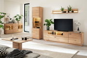 Modernes Wohnzimmer mit einem Sideboard aus Holz, dekoriert mit Pflanzen und Beleuchtung, aus der Perspektive eines gemütlichen Wohnbereichs.