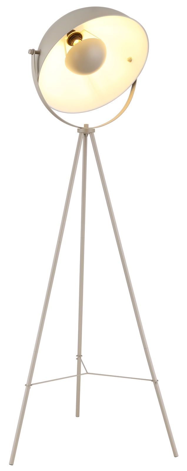 Stehleuchte mit dreibeinigem Stativ und großem, runden Lampenschirm, seitliche Perspektive