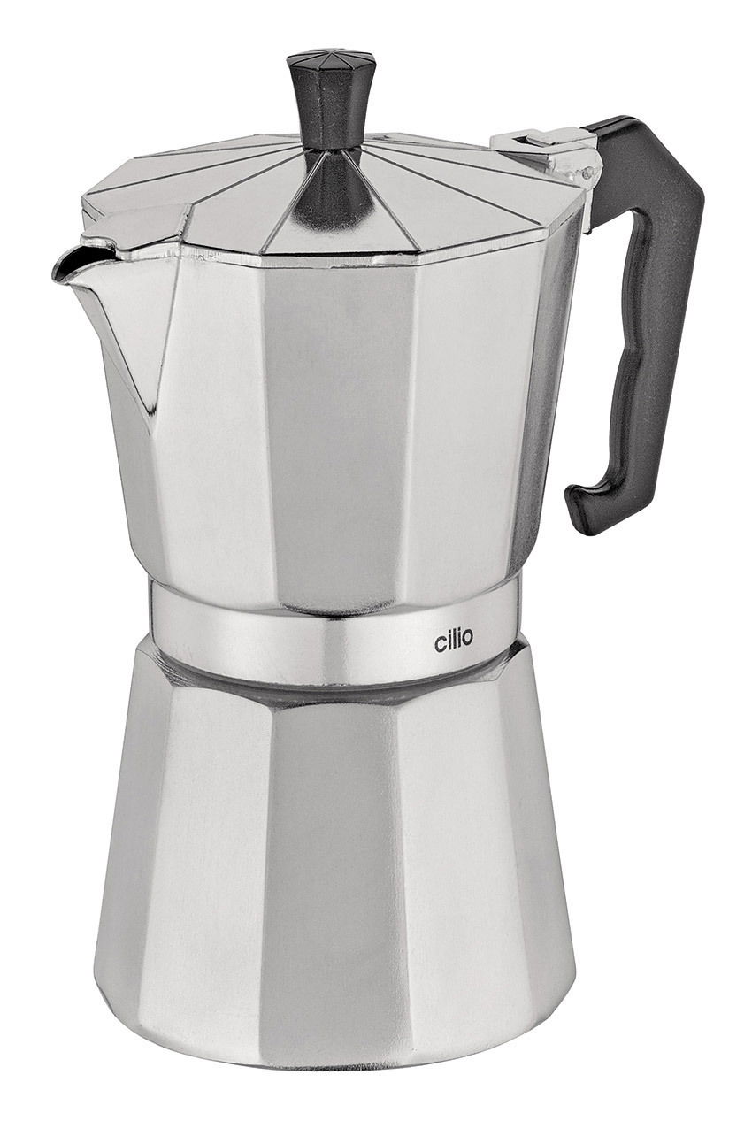 Silberner Espressokocher Classico 6 T mit schwarzem Griff, seitliche Perspektive