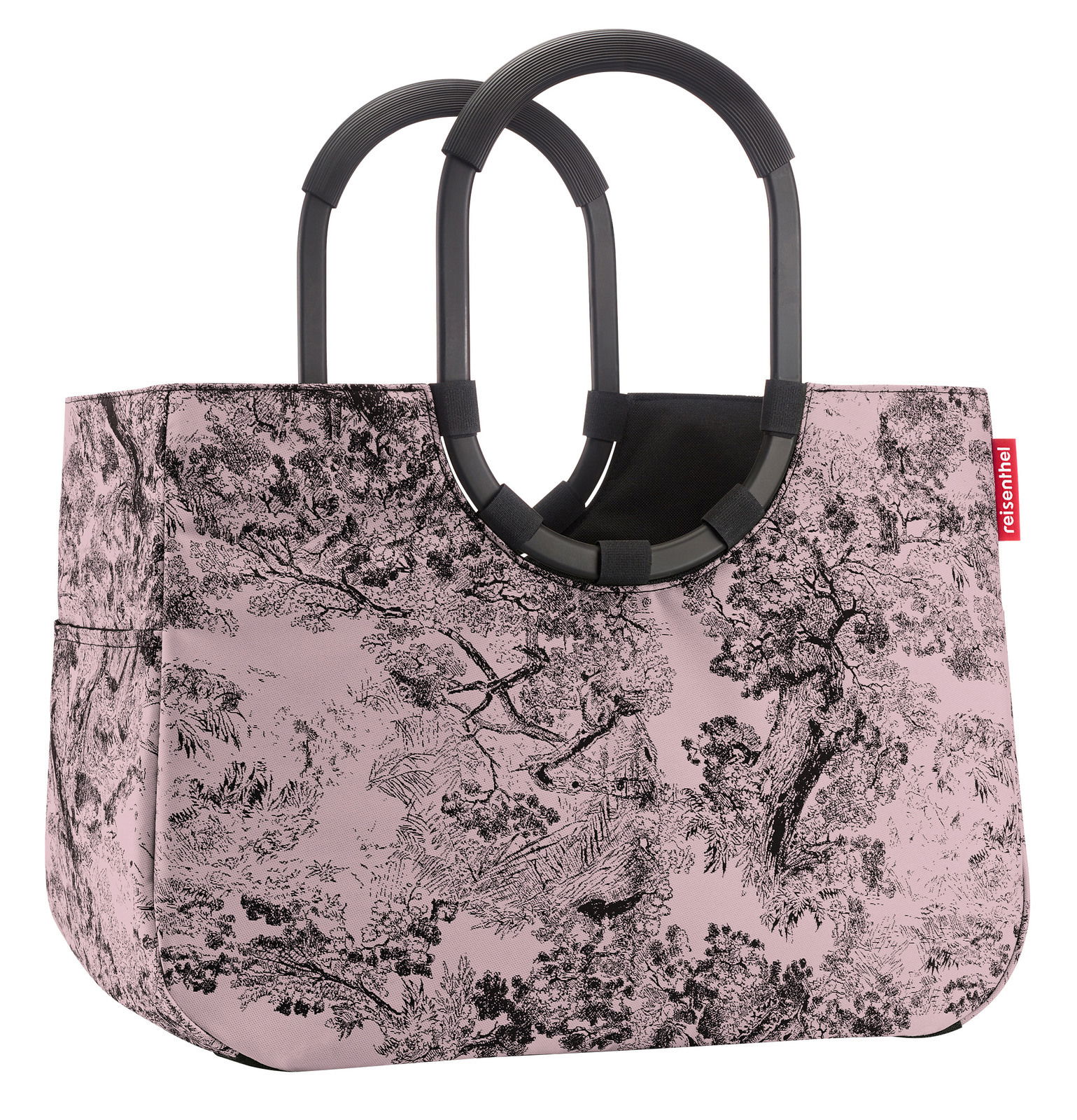 Loopshopper L mit floralem Muster in Rosa und Schwarz, seitliche Perspektive