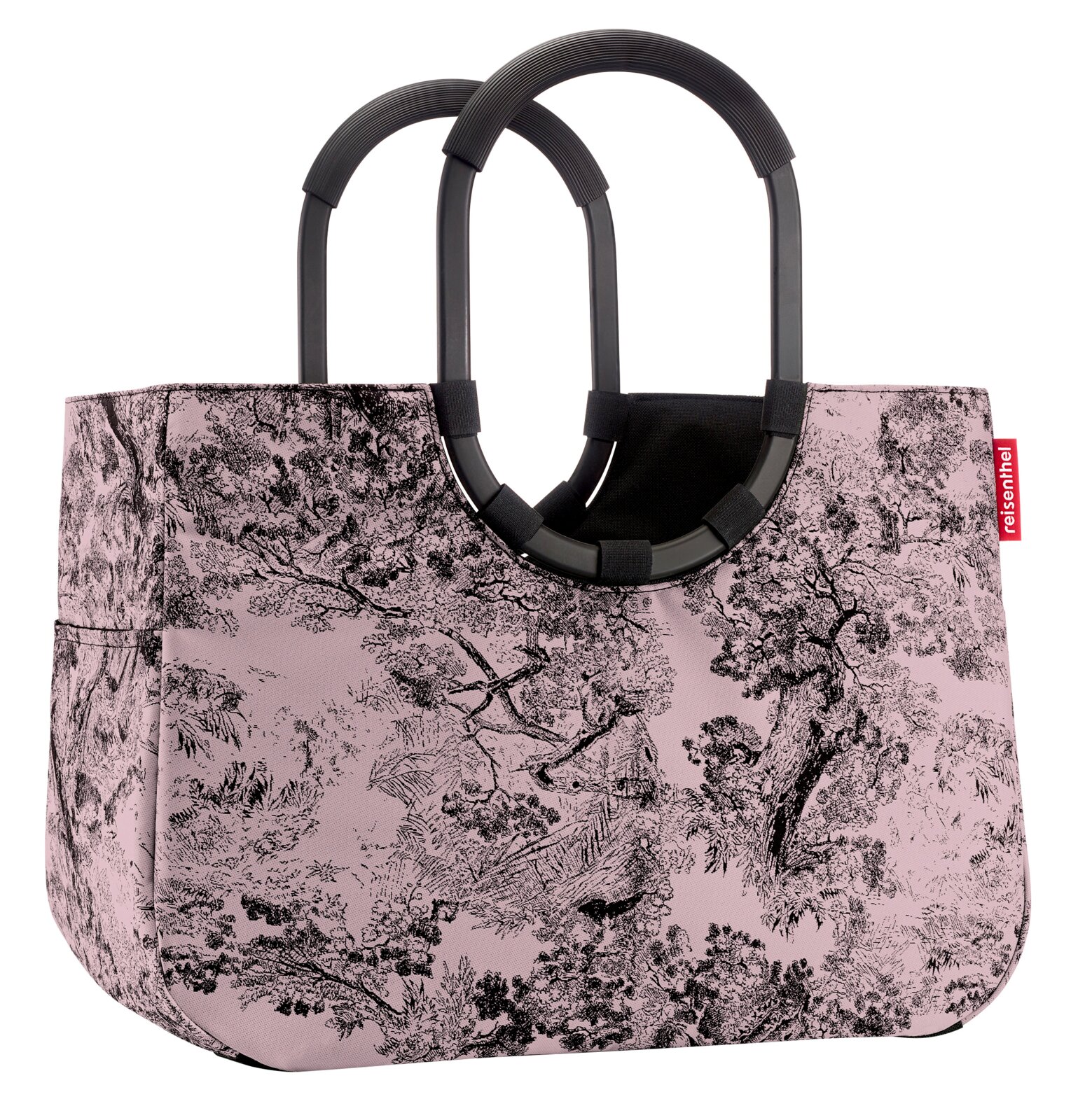 Loopshopper L mit floralem Muster in Rosa und Schwarz, seitliche Perspektive