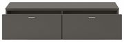 Frontansicht eines grauen TV-Lowboards mit zwei Schubladen und silbernen Griffen.