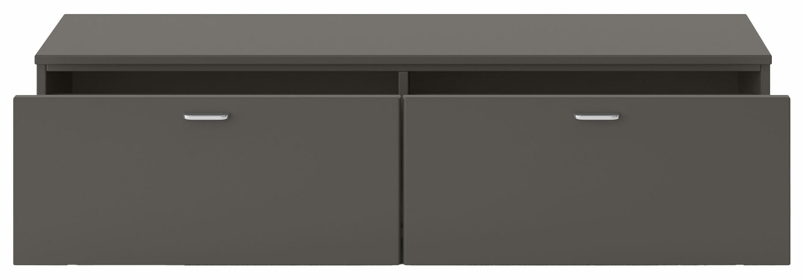 Frontansicht eines grauen TV-Lowboards mit zwei Schubladen und silbernen Griffen.