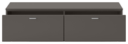 Frontansicht eines grauen TV-Lowboards mit zwei Schubladen und silbernen Griffen.