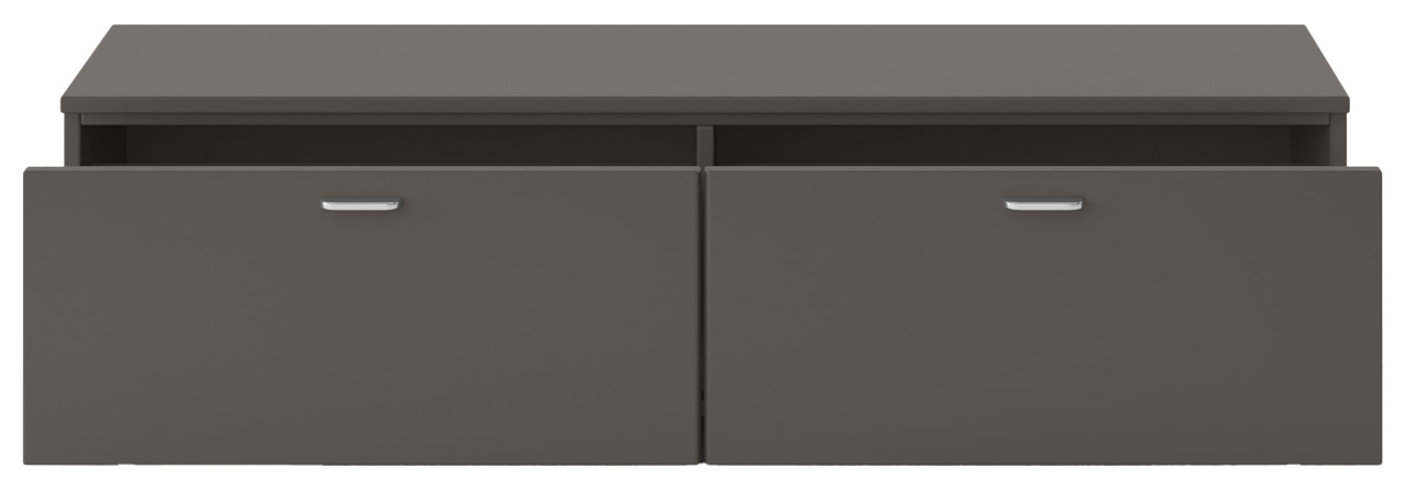 Frontansicht eines grauen TV-Lowboards mit zwei Schubladen und silbernen Griffen.