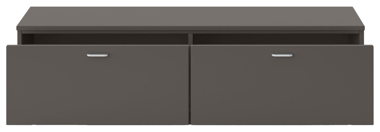 Frontansicht eines grauen TV-Lowboards mit zwei Schubladen und silbernen Griffen.