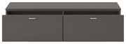 Frontansicht eines grauen TV-Lowboards mit zwei Schubladen und silbernen Griffen.