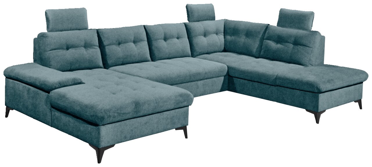 Rundecke Sofa in U-Form mit blauer Polsterung, dreiteilig, mit verstellbaren Kopfstützen, Perspektive von vorne links