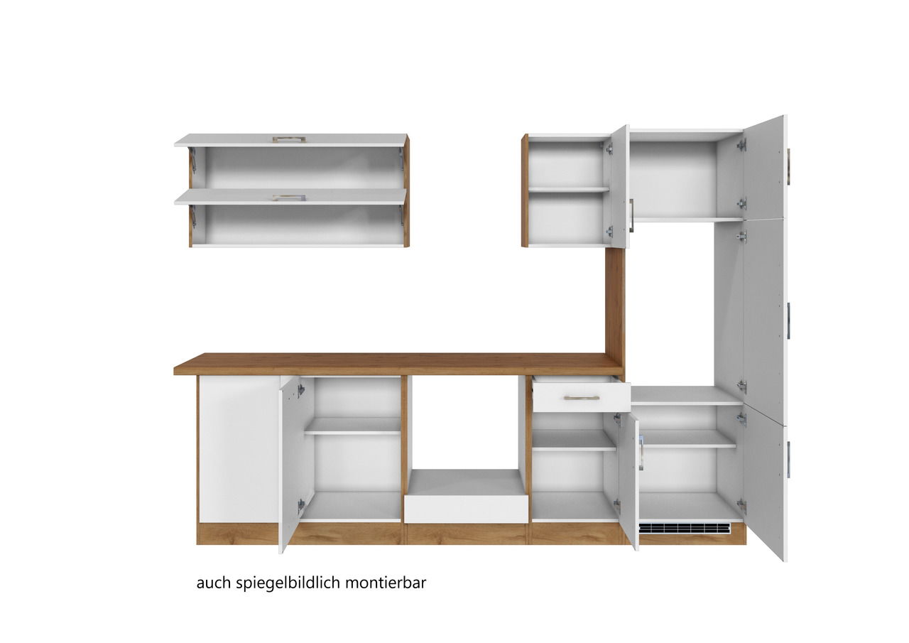 Eck-Küchenzeile in L-Form mit weißen Schränken und Holzarbeitsplatte, Türen und Schubladen teilweise geöffnet, frontale Ansicht