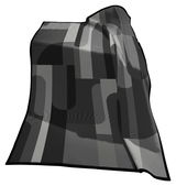 Moderne Wohndecke in Grautönen mit geometrischem Muster, ausgebreitet und leicht gefaltet, perspektivisch von vorne betrachtet.