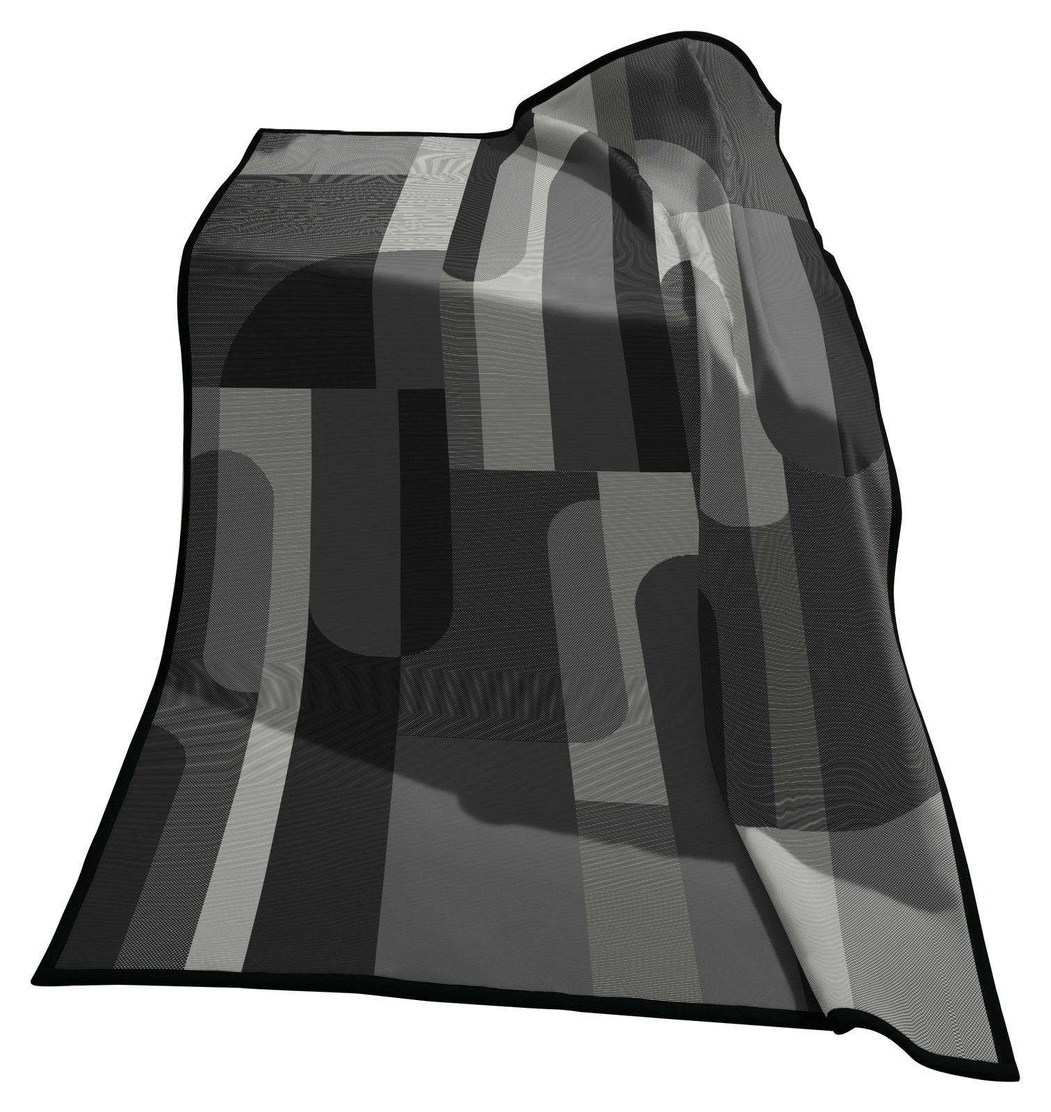 Moderne Wohndecke in Grautönen mit geometrischem Muster, ausgebreitet und leicht gefaltet, perspektivisch von vorne betrachtet.