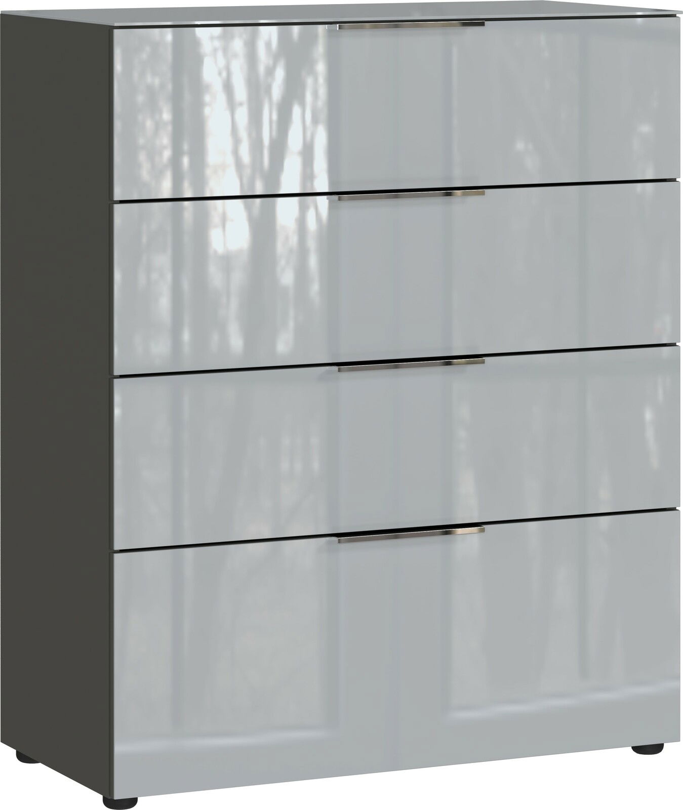 Moderne Schubkastenkommode mit vier Schubladen in Hochglanzoptik, seitliche Perspektive
