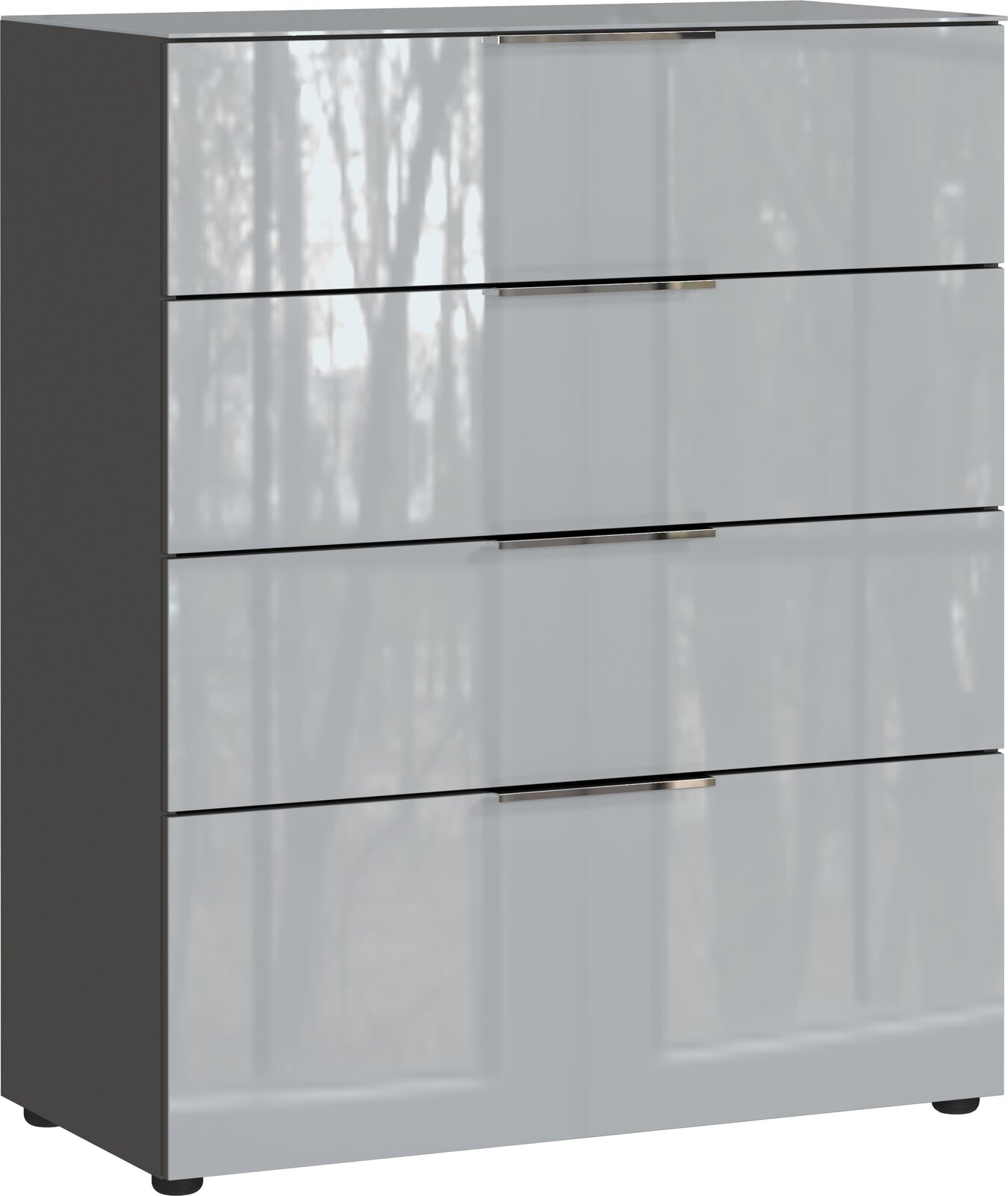 Moderne Schubkastenkommode mit vier Schubladen in Hochglanzoptik, seitliche Perspektive