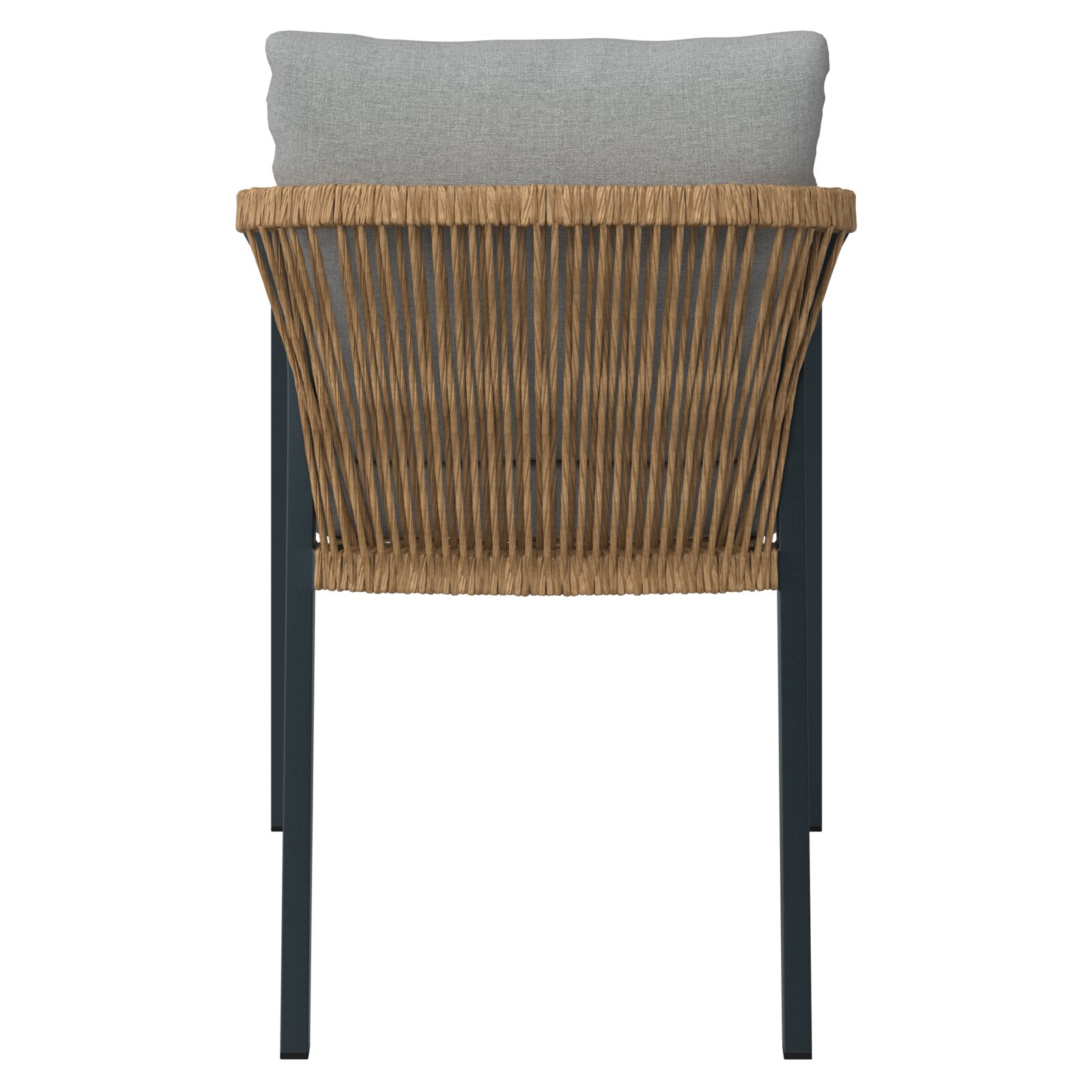 Rückansicht eines Stapelsessels mit grauem Kissen und geflochtenem Design