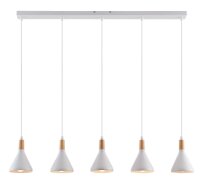 Moderne Hängeleuchte mit fünf weißen Lampenschirmen, frontal abgebildet.