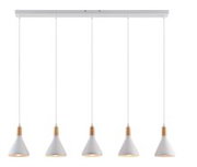 Moderne Hängeleuchte mit fünf weißen Lampenschirmen, frontal abgebildet.
