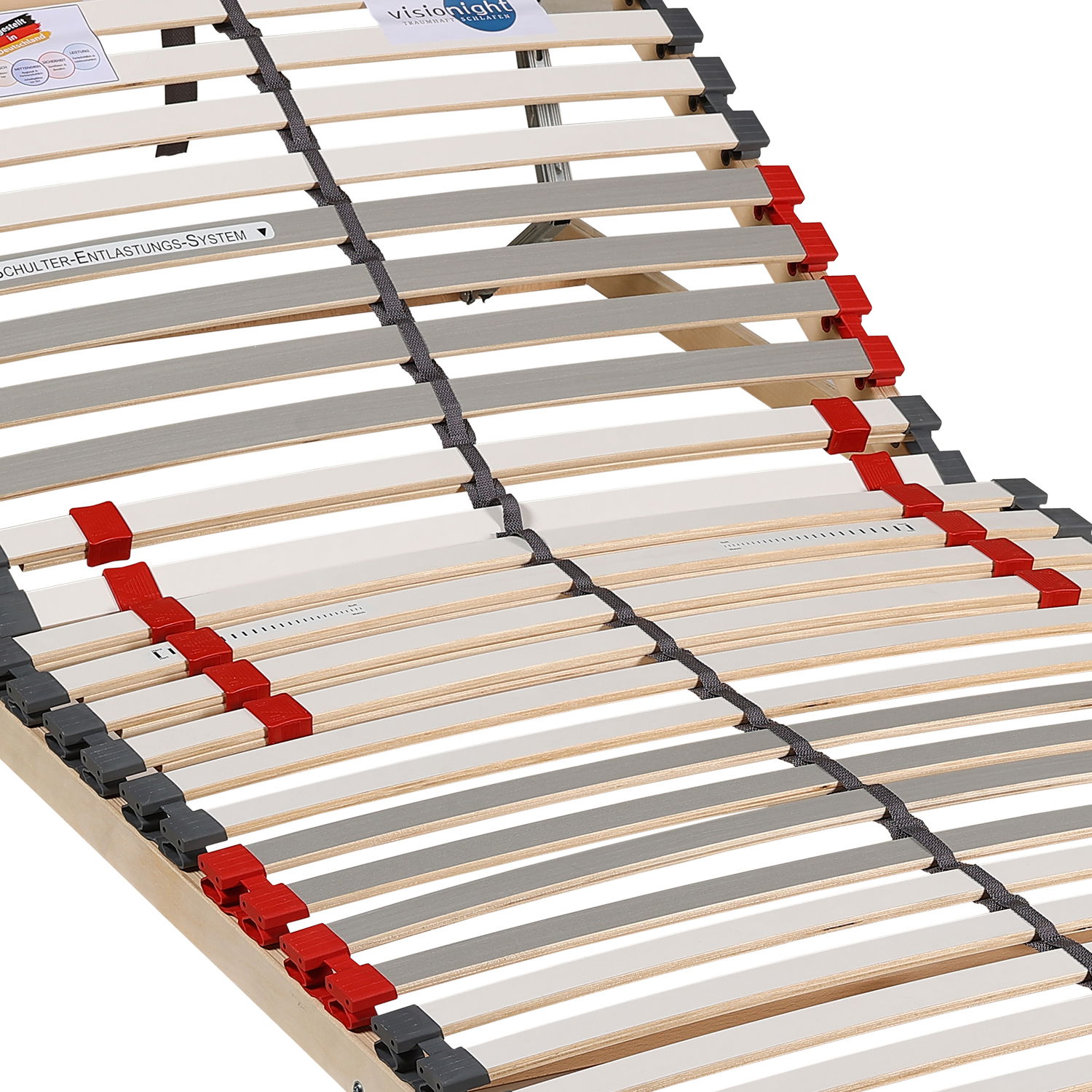 Lattenrost mit verstellbaren Leisten und roten sowie grauen Kappen, seitliche Perspektive