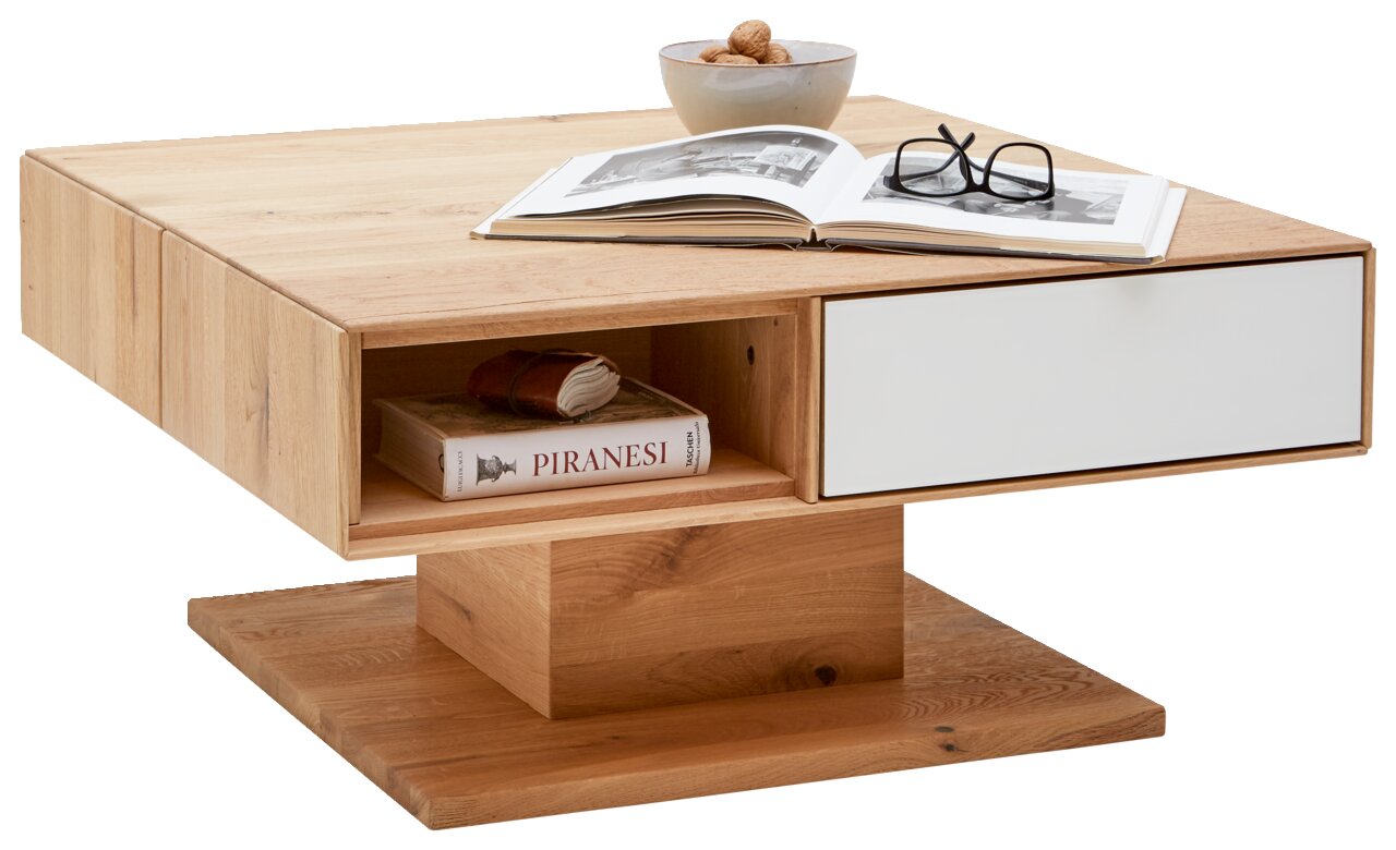 Valnatura Couchtisch SOLIDA Moderner Couchtisch aus Holz mit weißer Schublade und offener Ablage, seitliche Perspektive.