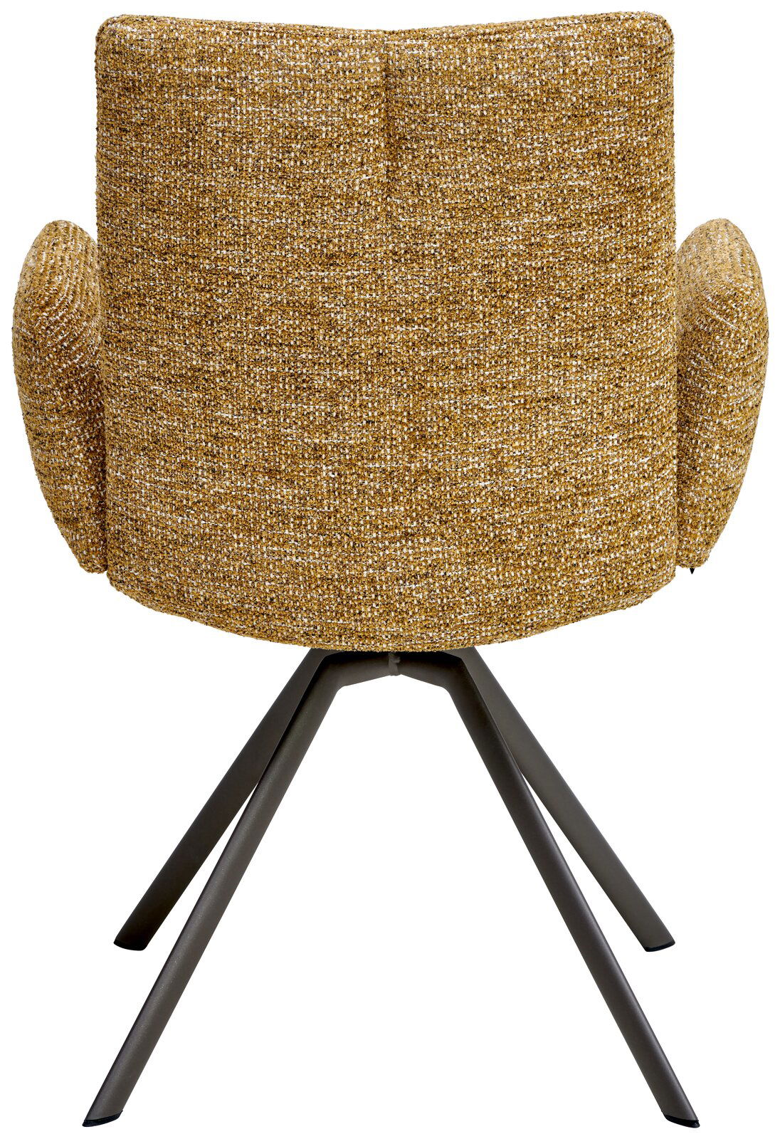 Rückansicht eines Armlehnstuhls mit goldfarbenem Stoffbezug und schwarzen Metallbeinen.