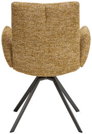 Rückansicht eines Armlehnstuhls mit goldfarbenem Stoffbezug und schwarzen Metallbeinen.