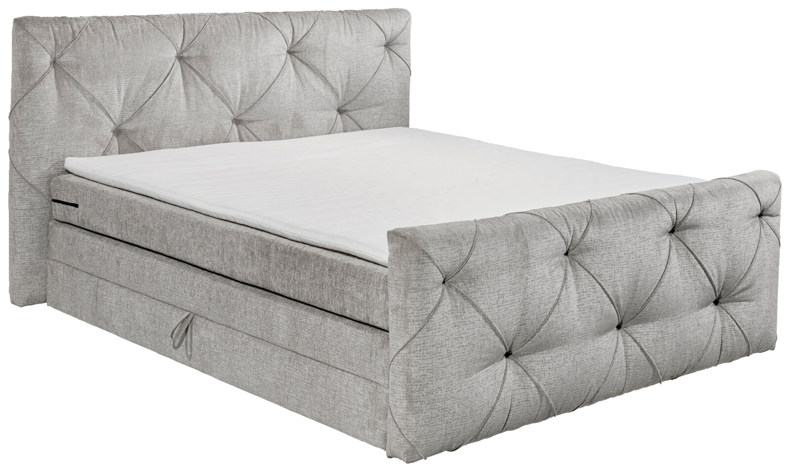 Boxspringbett in grauem Stoff mit gestepptem Kopf- und Fußteil, seitliche Perspektive