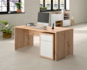 Moderner Schreibtisch aus Holz mit integriertem Container, seitliche Perspektive, im Büro mit Pflanzen und Computer.