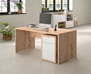 Moderner Schreibtisch aus Holz mit integriertem Container, seitliche Perspektive, im Büro mit Pflanzen und Computer.