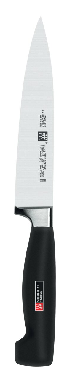 Fleischmesser 16cm VIER STERNE, Seitenansicht, mit schwarzem Griff und silberner Klinge, Markenlogo sichtbar